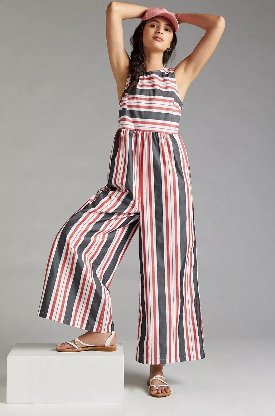 [Anthropologie] Maeve Red Gray Striped Wide Leg Sleeveless Jumpsuit Cotton Sz XL